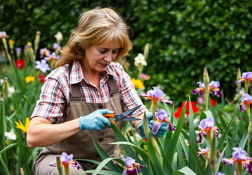 Fjernelse af irisblomster og døde blade